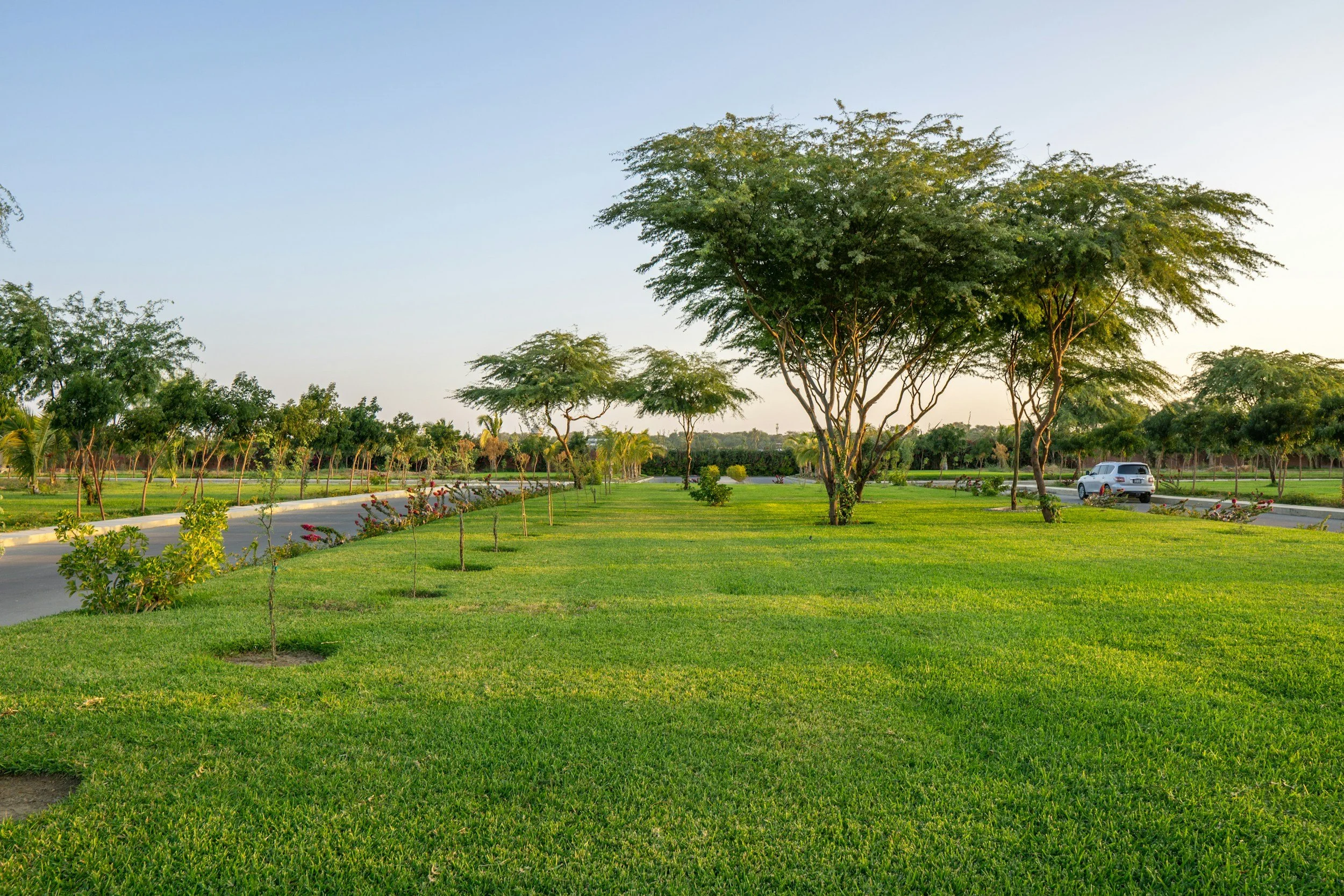 A lush green park with well-maintained grass, various trees, a winding paved path, flower beds, and a parked white SUV under the clear blue sky.