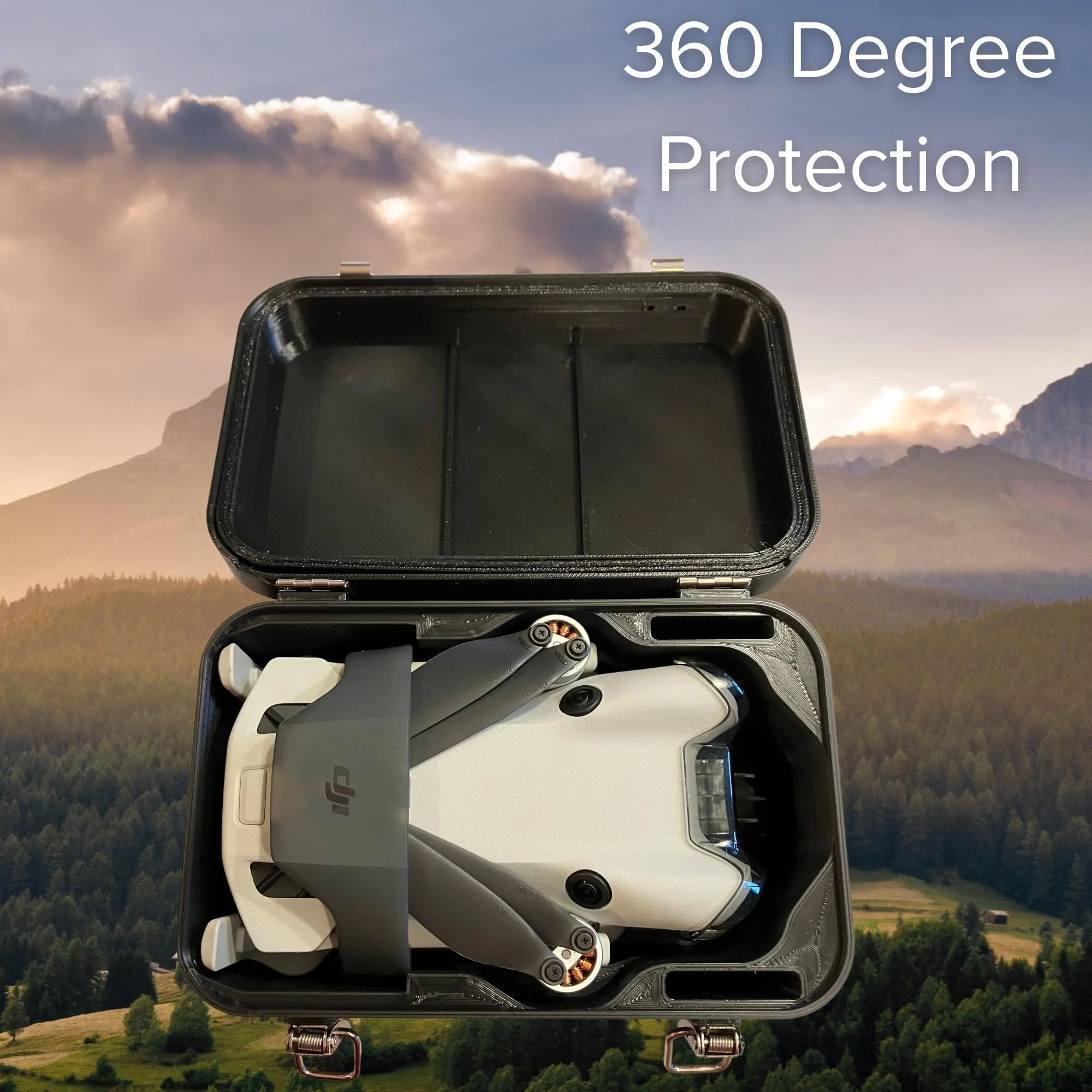 DJI Mini 4 Pro drone inside an open black 3D-printed hard case