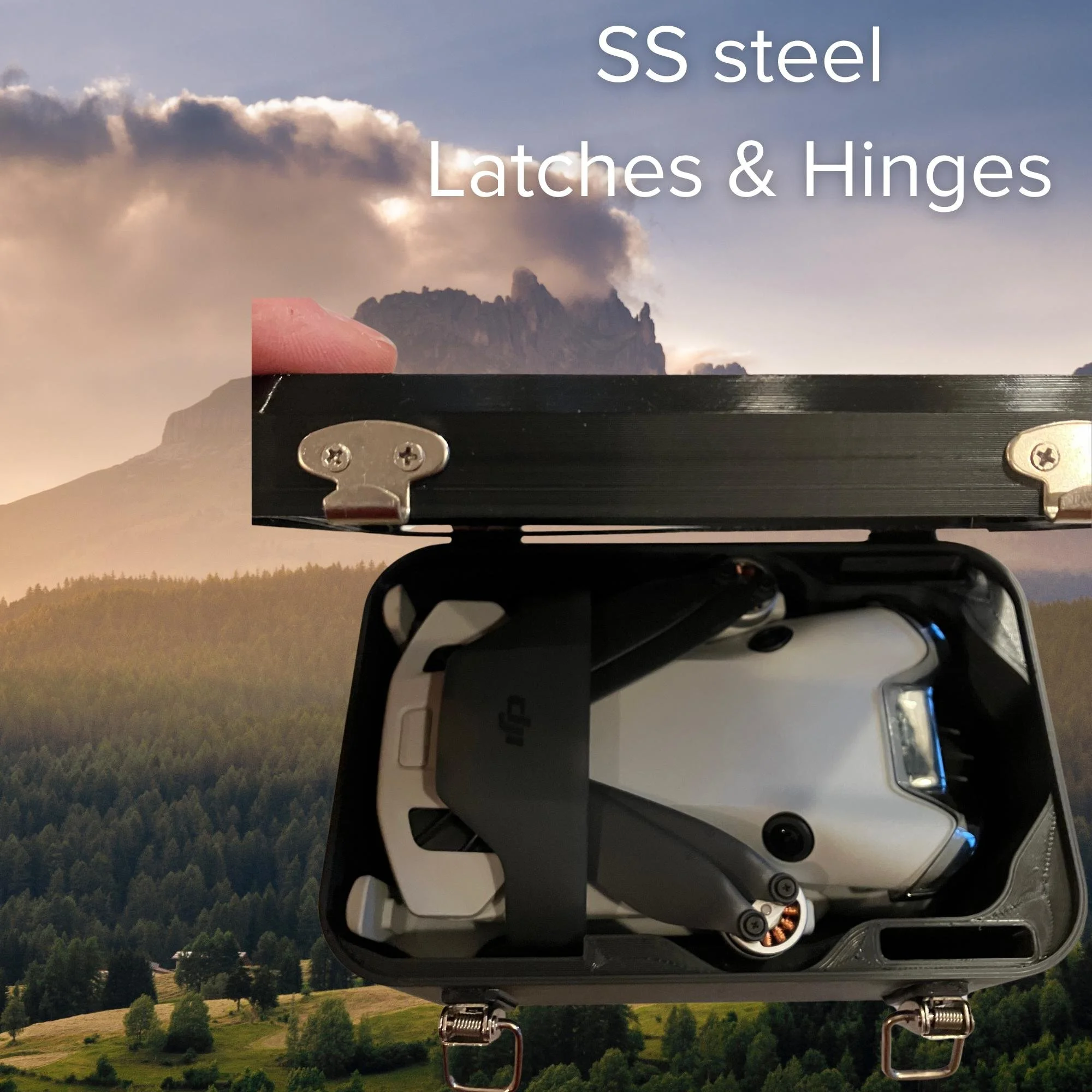 Drone case with stainless steel latches and hinges, lid partly open