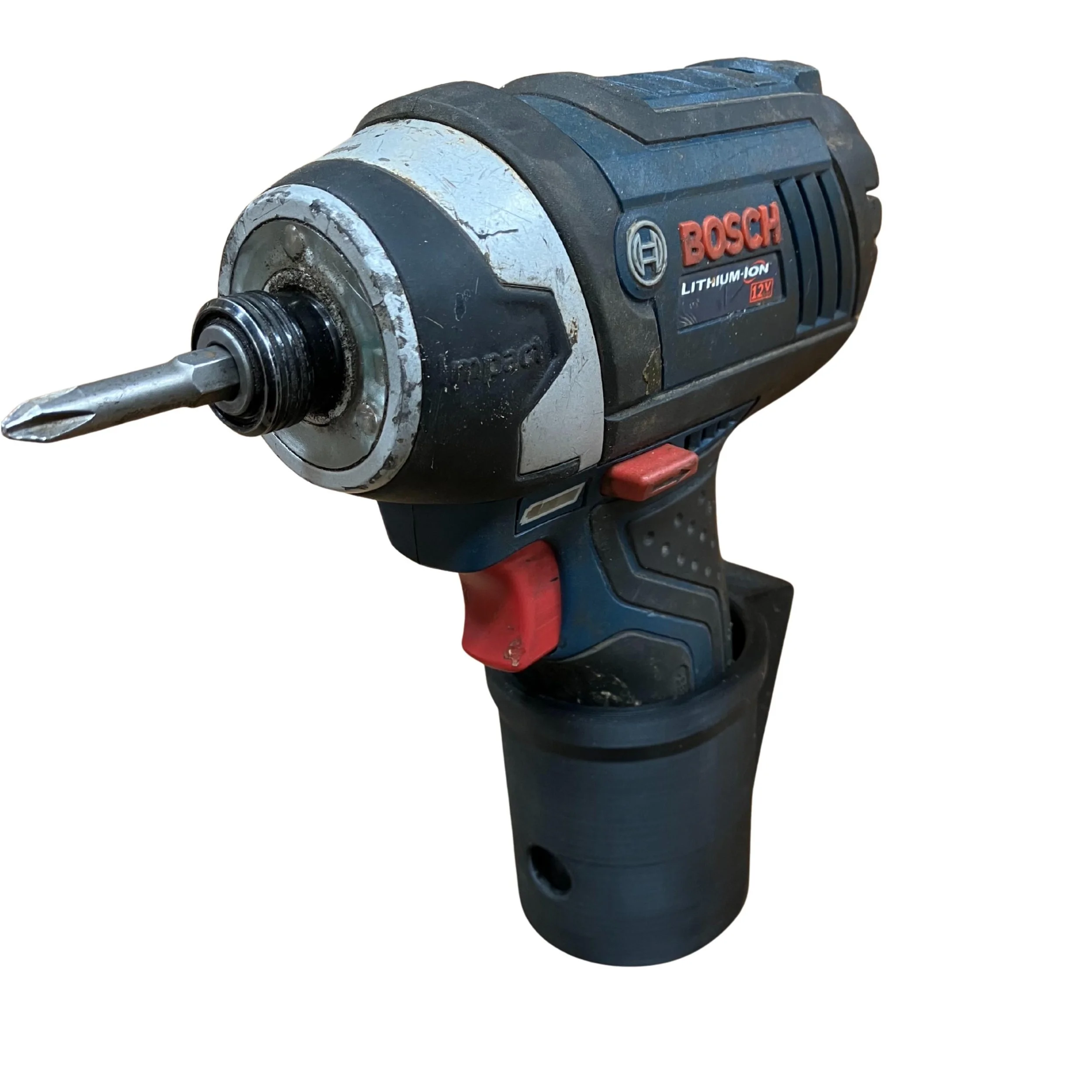 Bosch 12V impact driver held in a black 3D-printed wall mount holder