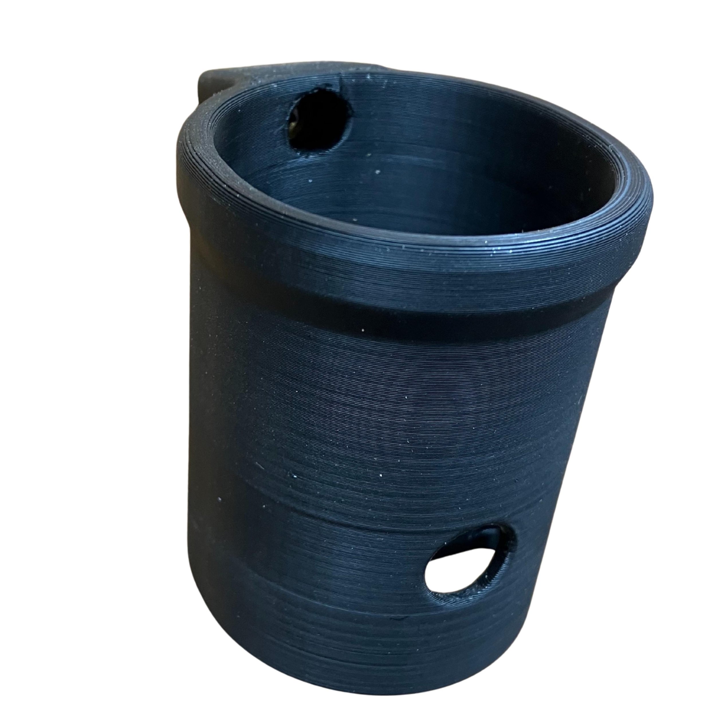 Black 3D-printed Bosch 12V tool holder, side view with screw hole