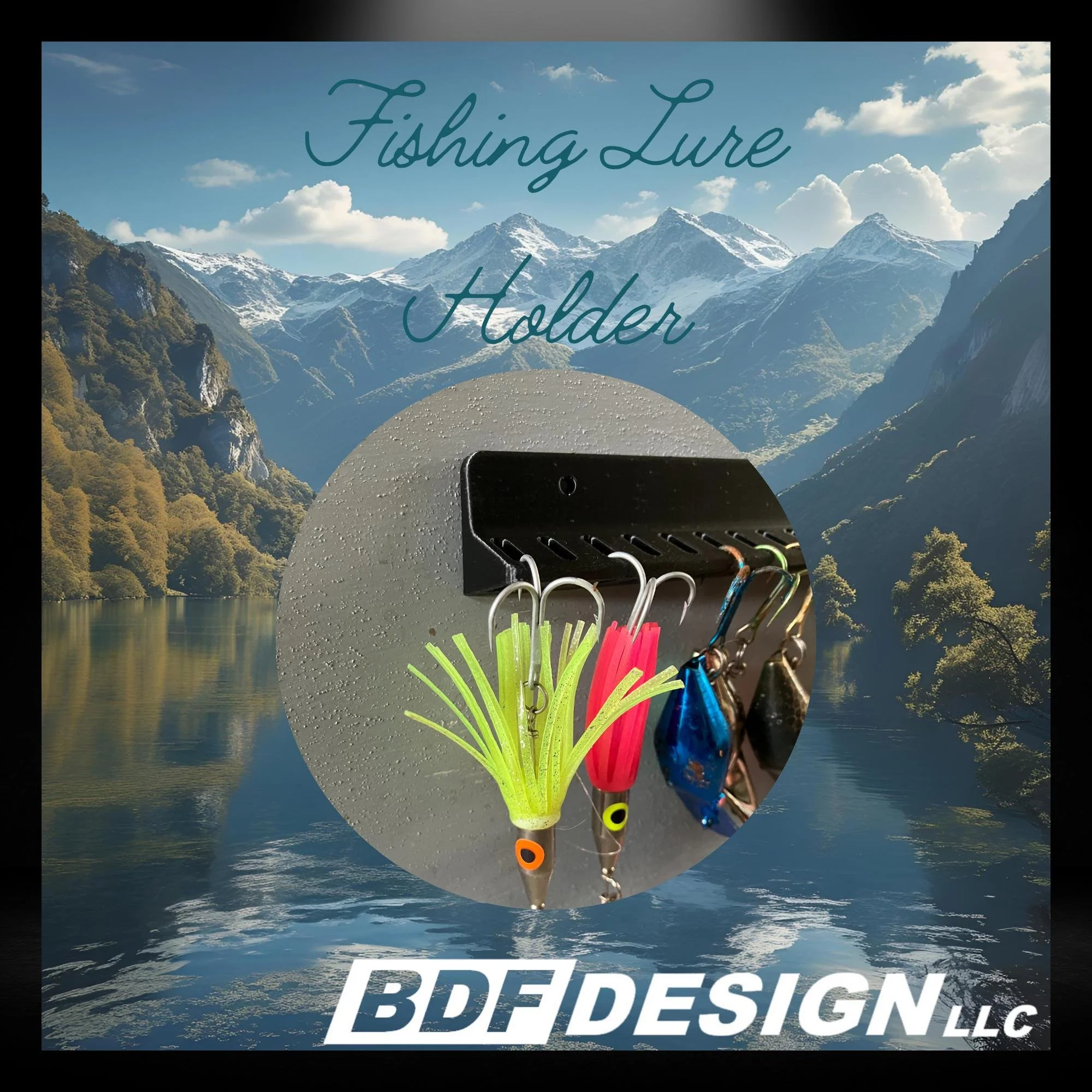 Black fishing lure holder with colorful trolling lures hanging from it