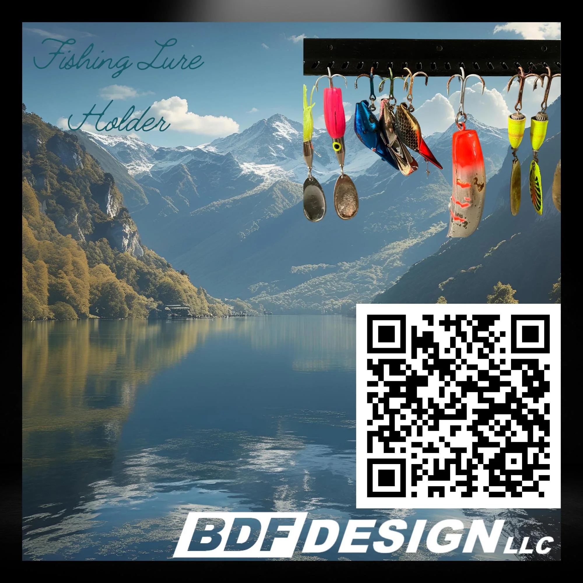 Lure holder with lures hanging from it, plus a QR code