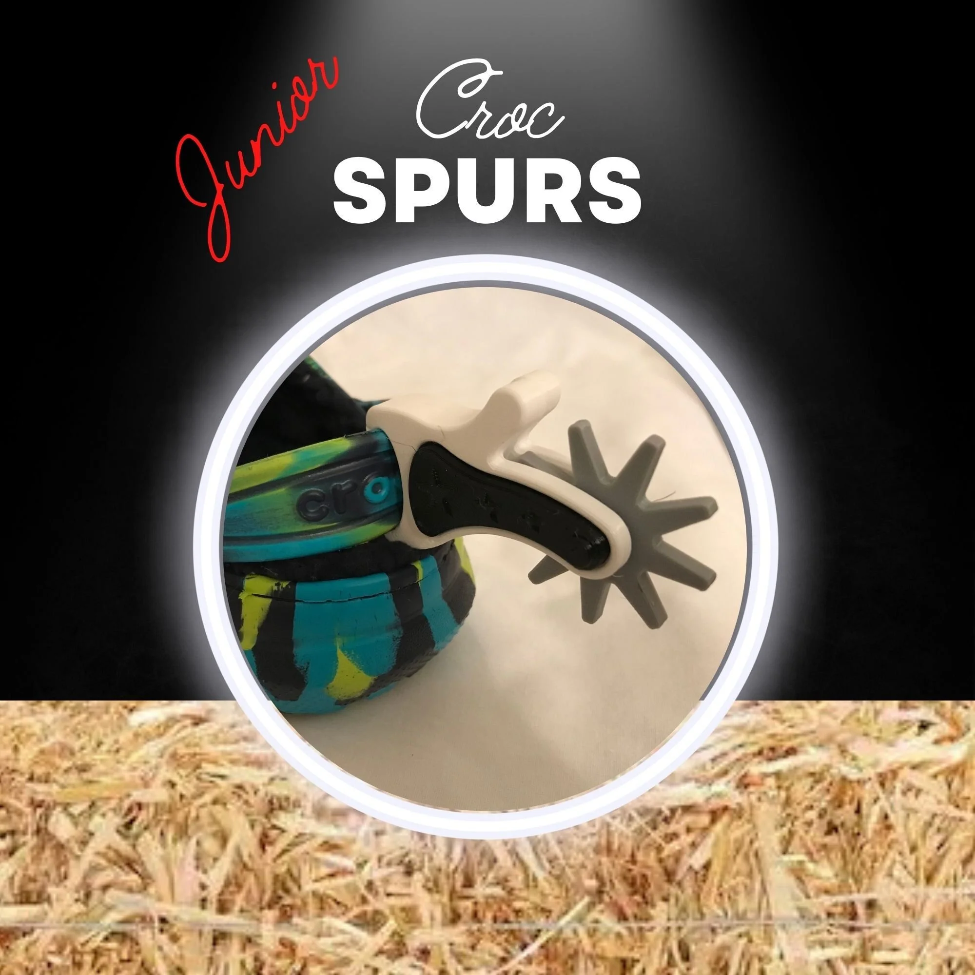 Junior Croc Spurs: gray spur with a spinning rowel on a kid’s patterned Croc