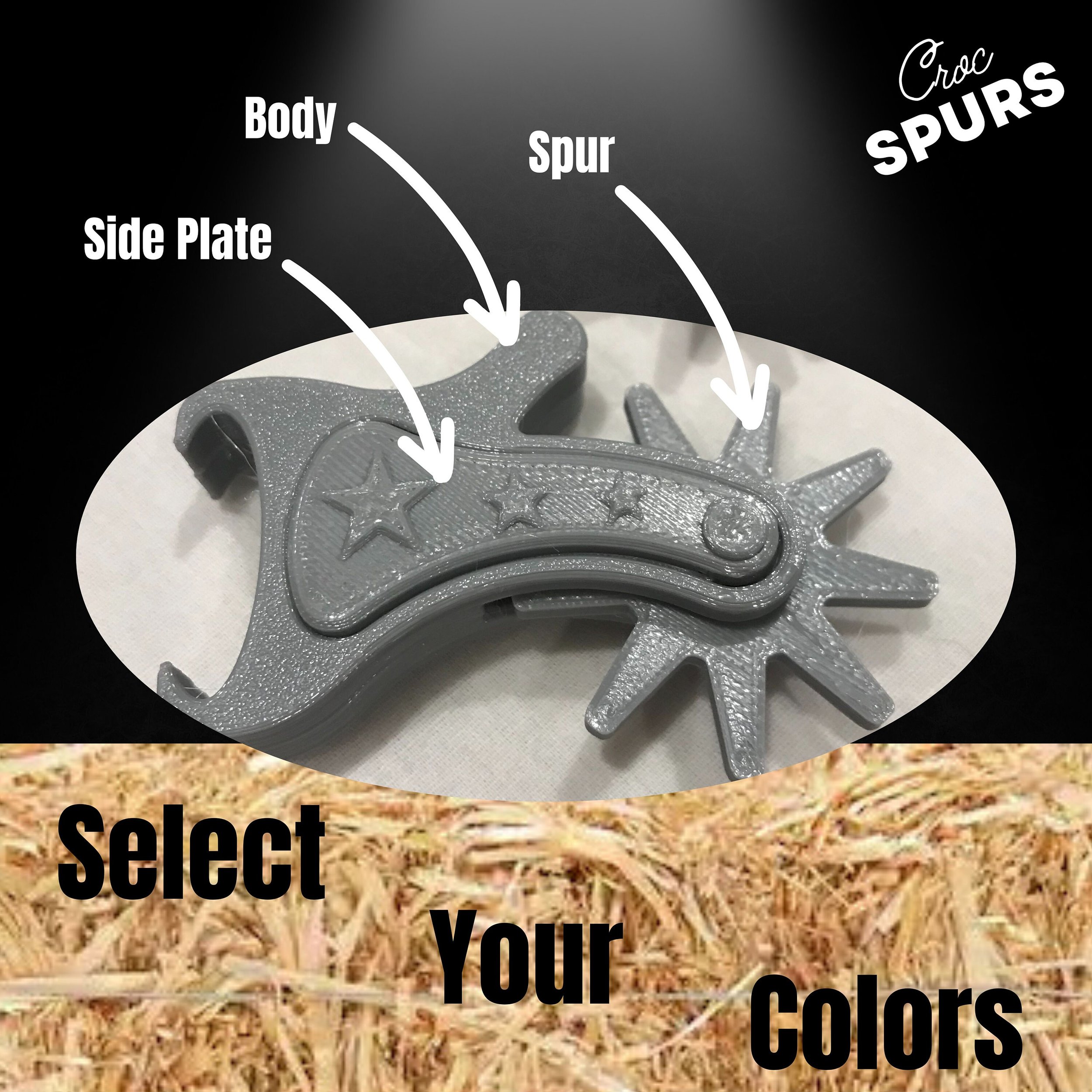 Croc Spur parts labeled: body, side plate, and spur, with star inlays