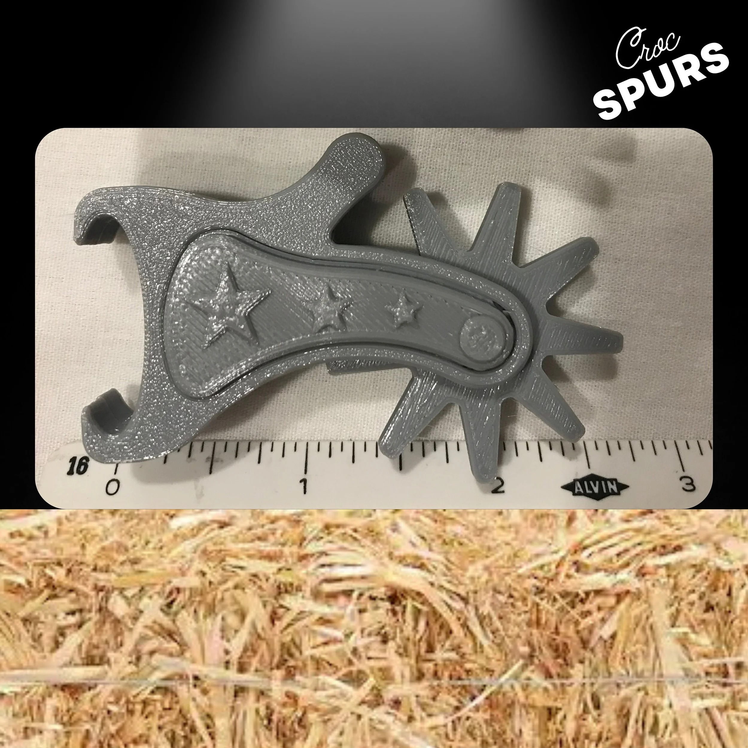 Junior Croc Spur next to a ruler for size