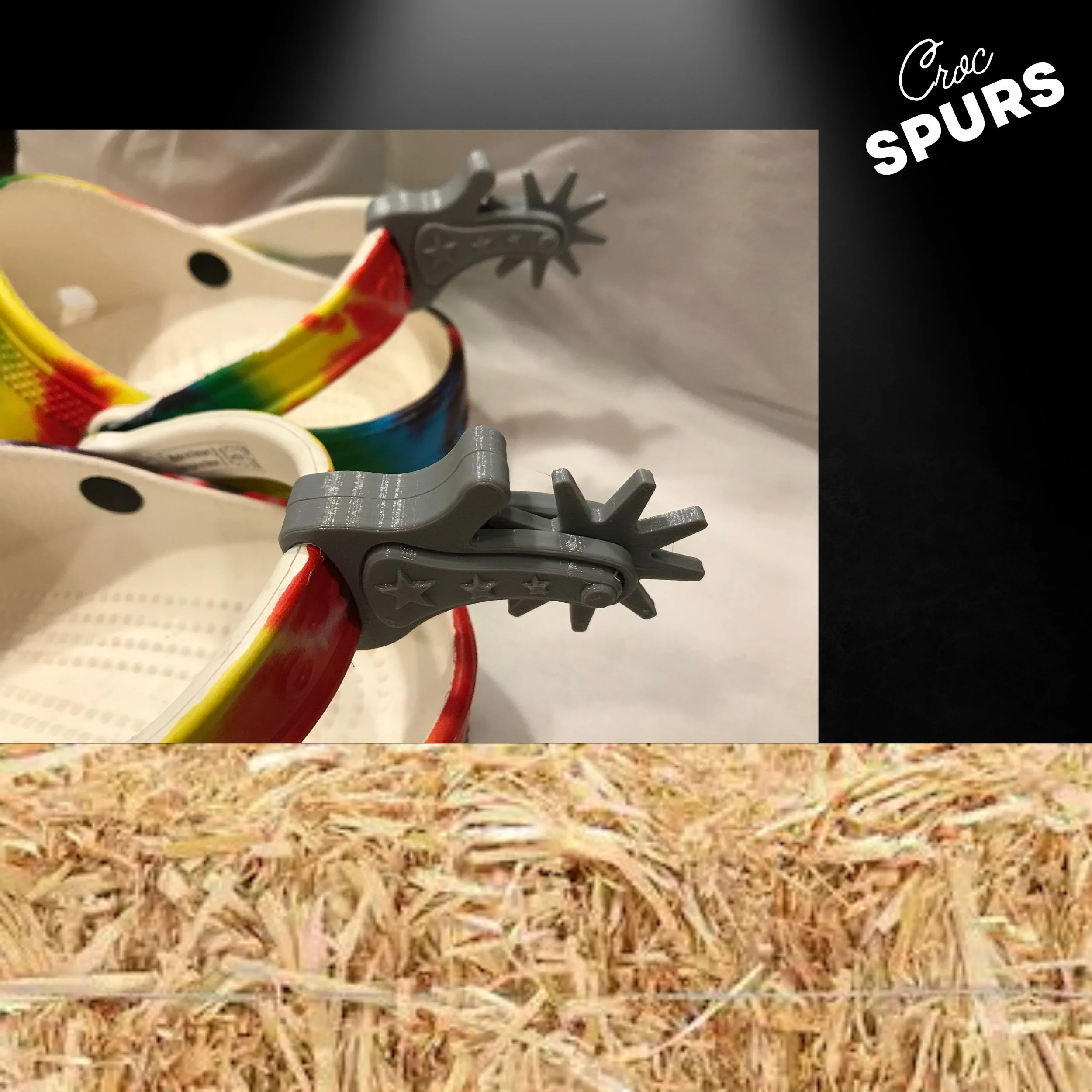 Croc Spurs mounted on a pair of tie-dye Crocs