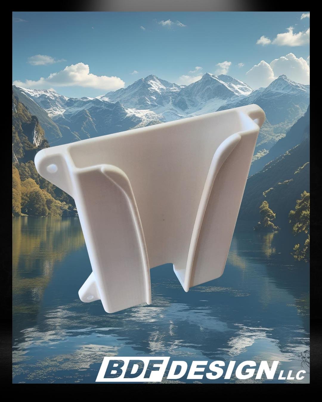 White phone holder, angled view showing the mounting holes