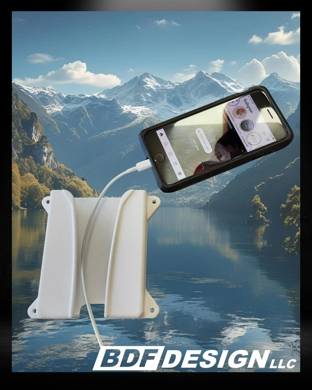 Phone holder with a phone being slid in and charging cable routed through the bottom