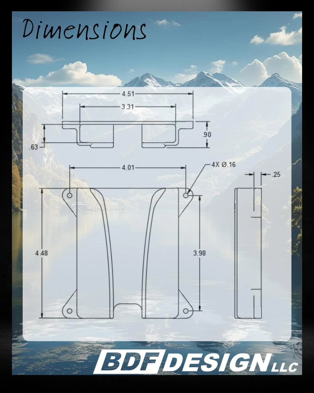 Phone holder dimension drawing with width, height, and depth