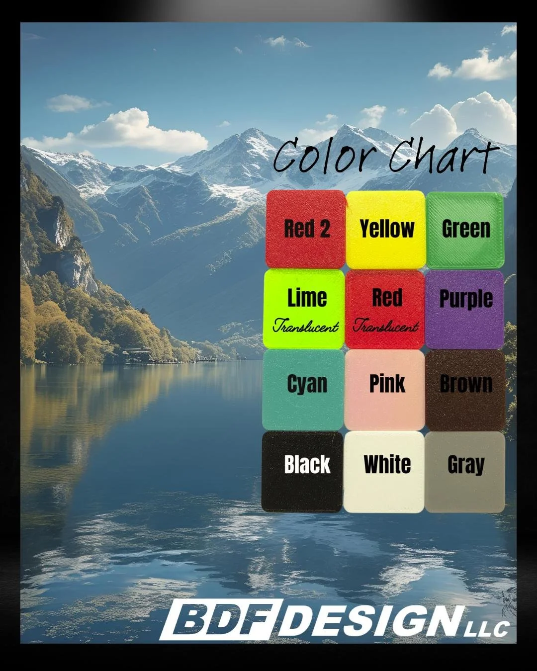 Color chart of available filament colors