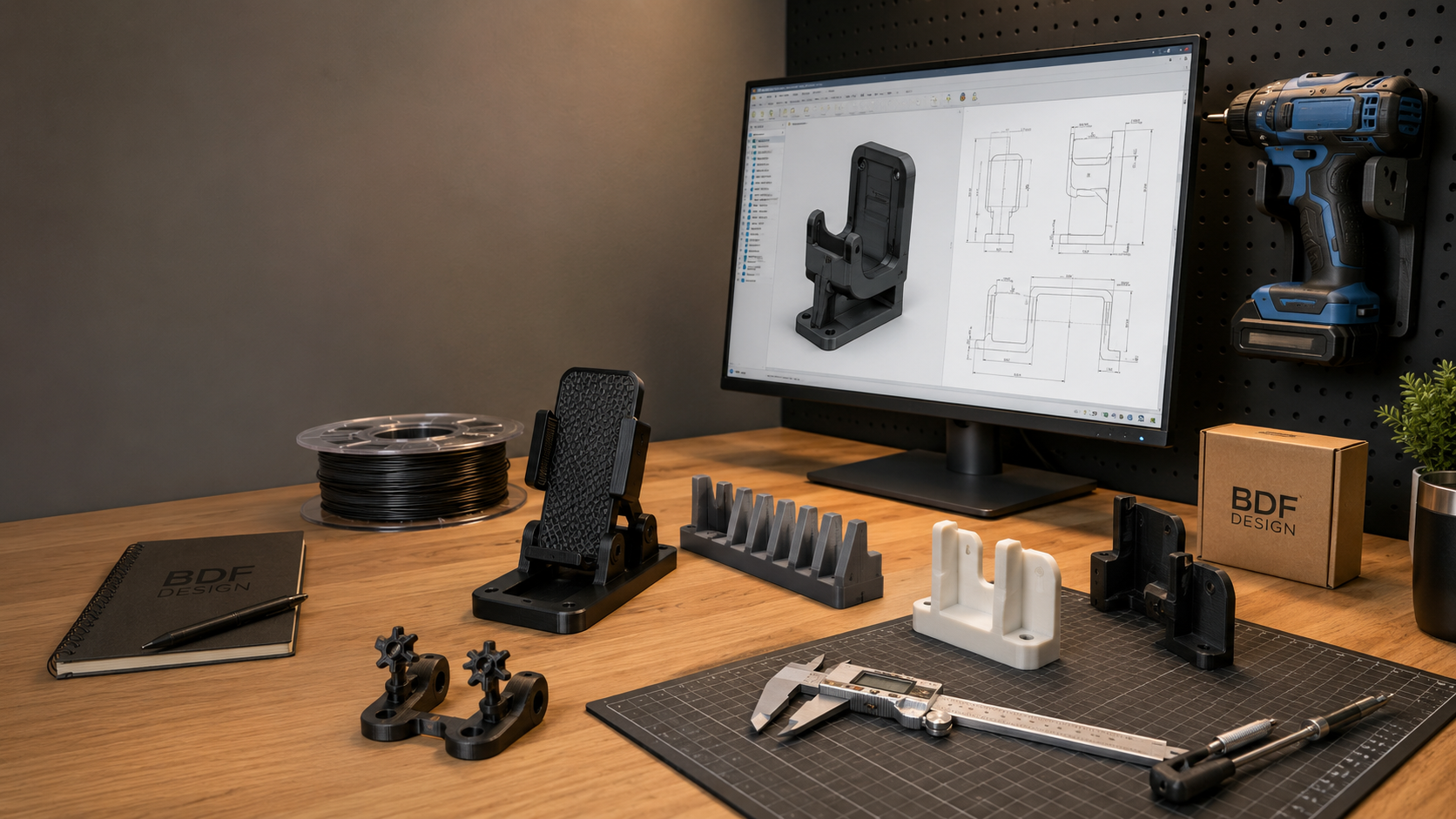 3D-printed phone holder and organizer on a workbench, designed and made in Oregon by BDF Design