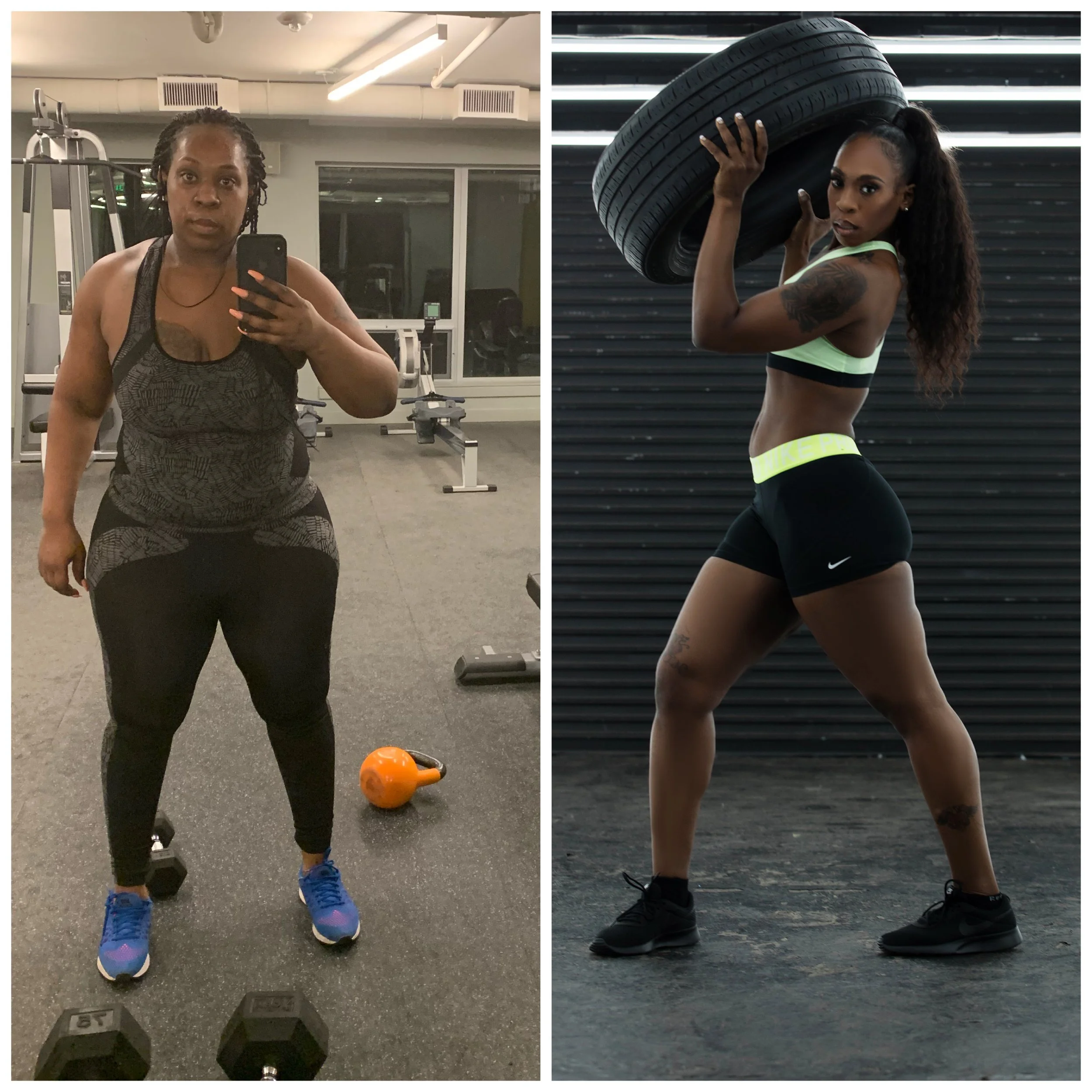 Side-by-side images of a woman in workout clothes. The left image shows her taking a mirror selfie in a gym, wearing a black and gray sports top and black pants. The right image shows her holding a large black tire on her shoulder, wearing a light green sports bra and black shorts with yellow accents, in front of a black striped wall.