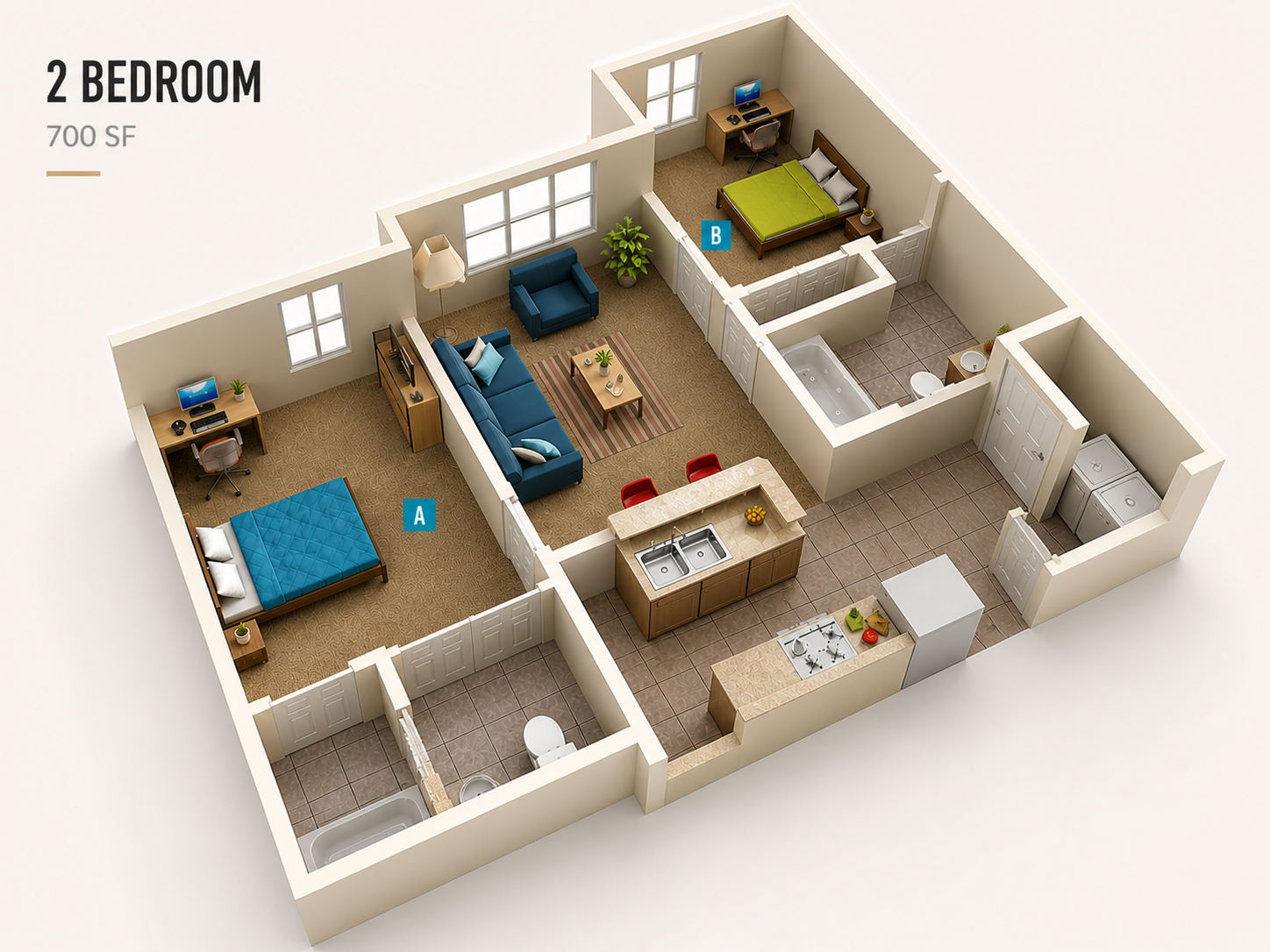 3D floor plan of a 2-bedroom apartment with living room, kitchen, two bathrooms, and laundry area.