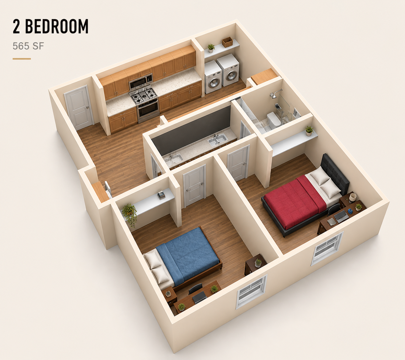 Floor plan of a two-bedroom apartment with kitchen, laundry area, bathroom, and two bedrooms with beds and desks.