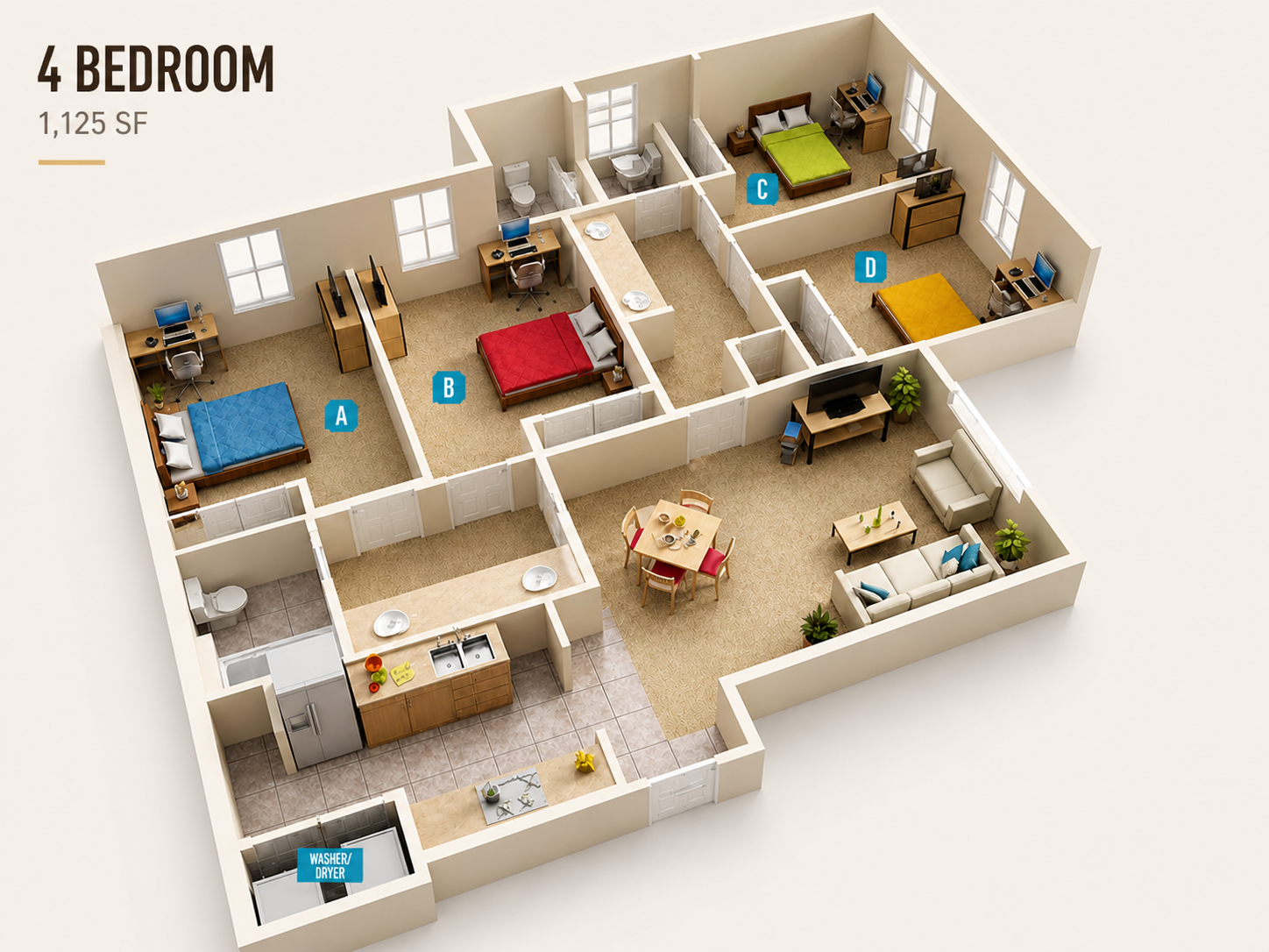 Floor plan of a four-bedroom apartment with labeled rooms and furnishings, including bedrooms, kitchen, dining area, living room, and bathrooms.