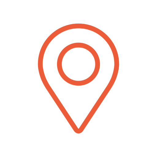 A red location pin icon on a white circular background.