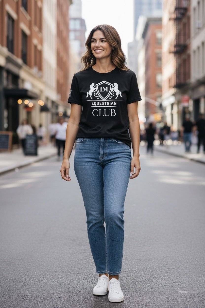 Woman wearing unisex short sleeve T-shirt screen printed.jpg