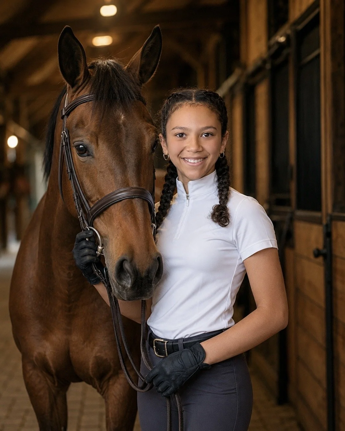 Isabella, a young girl, standing in a horse stable, holding the bridle of a brown horse, smiling at the camera.