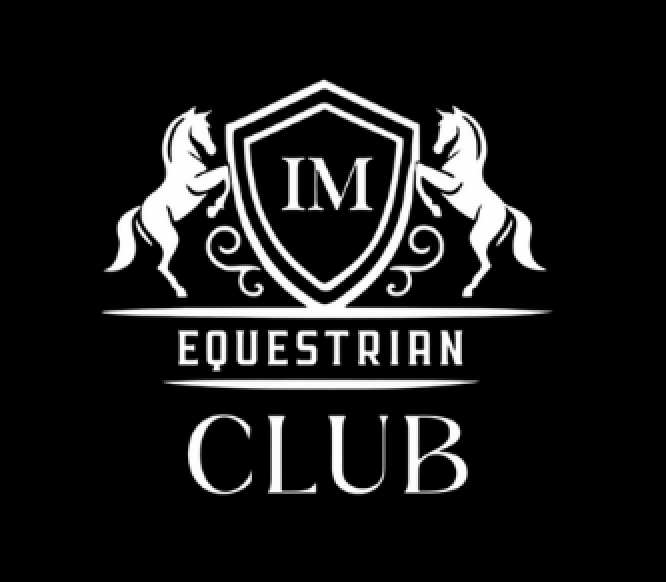 Black and white logo for an equestrian club with two horses flanking a shield with the initials 'IM' in the center, and the words 'EQUESTRIAN CLUB' below.