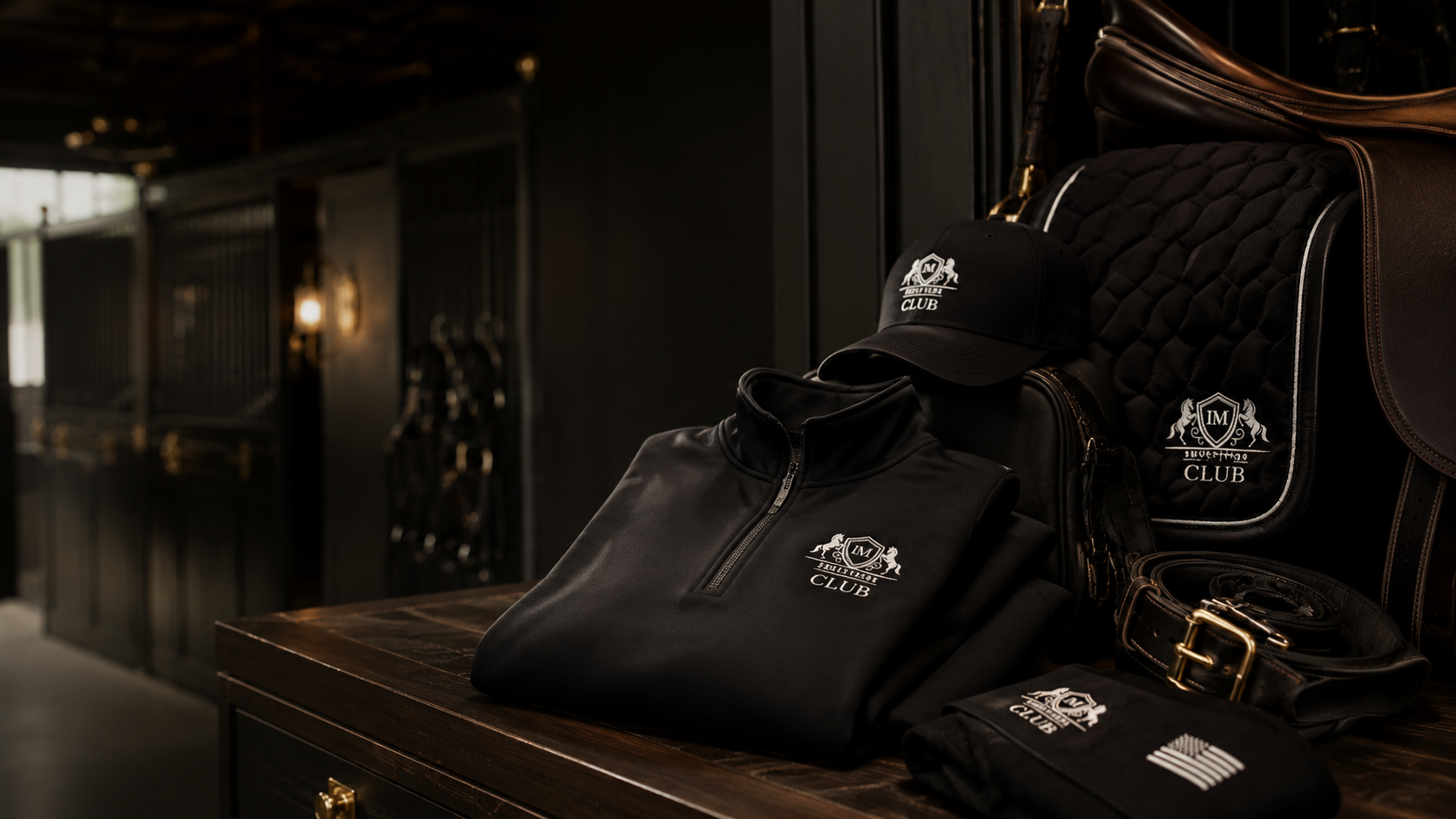 Black IM equestrian club merchandise including a zip-up jacket, a baseball cap, a belt,  displayed on a wooden surface in a barn.