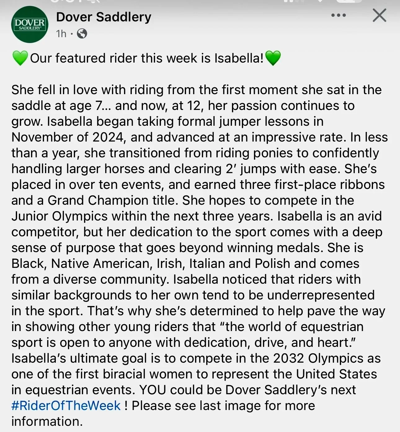 Text post from Dover Saddlery featuring information about rider Isabella, her background, achievements, and goals, with green hearts and a hashtag #RiderOfTheWeek.