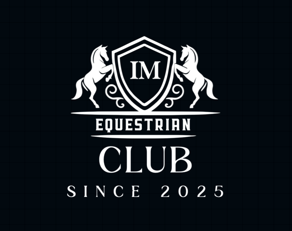 A logo for an equestrian club featuring two white horses rearing on either side of a shield with the letters 'IM' inside. Text reads 'IM EQUESTRIAN CLUB SINCE 2025'.