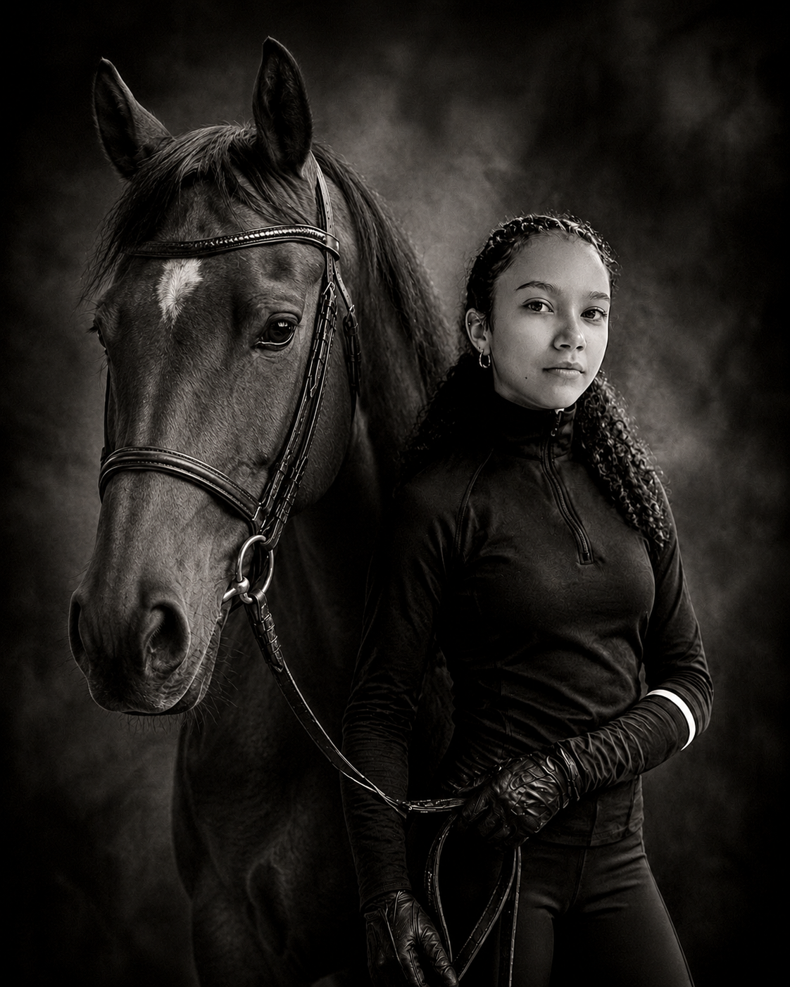 A young woman with curly hair and hoop earrings standing beside a horse, both looking at the camera, in a black and white portrait.