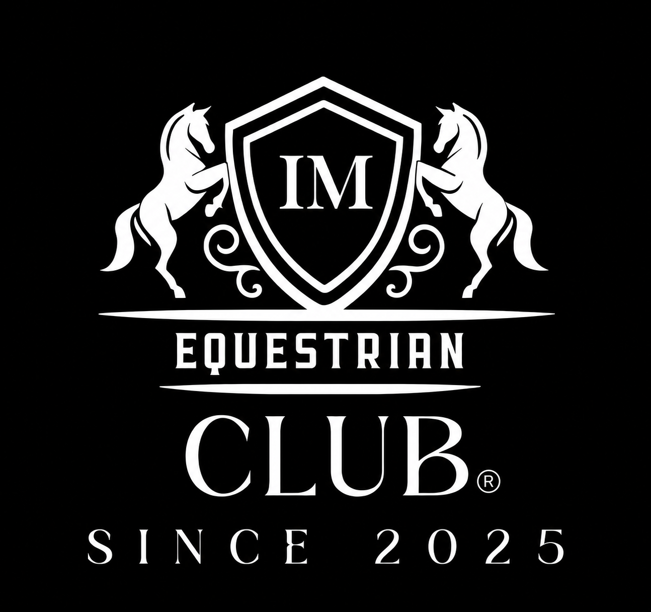Im in a shield wilt two rearing horses on the sides above the words equestrian club since 2025.