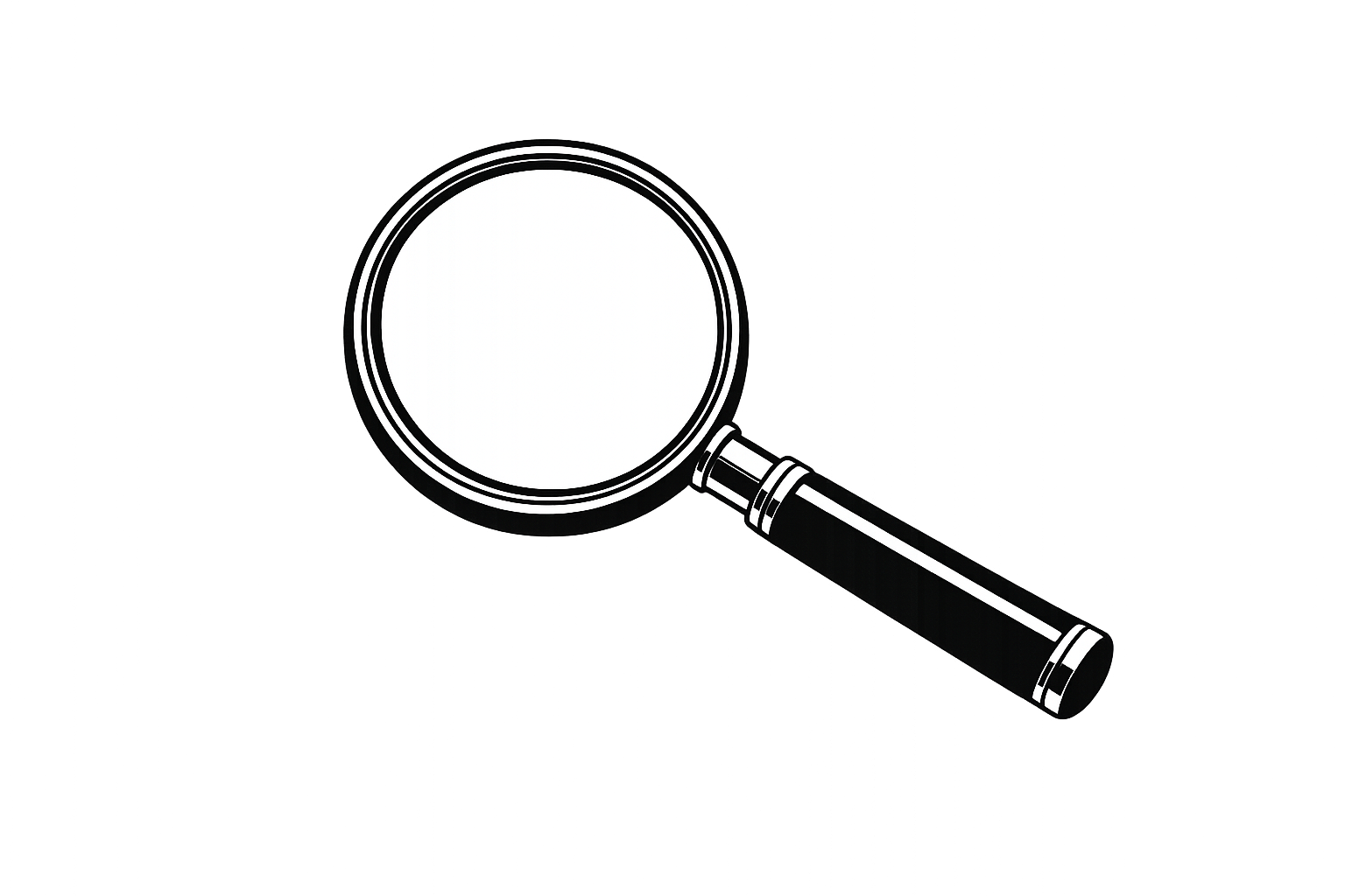 A black and white illustration of a magnifying glass with a black handle and a circular lens, placed on a gray background.