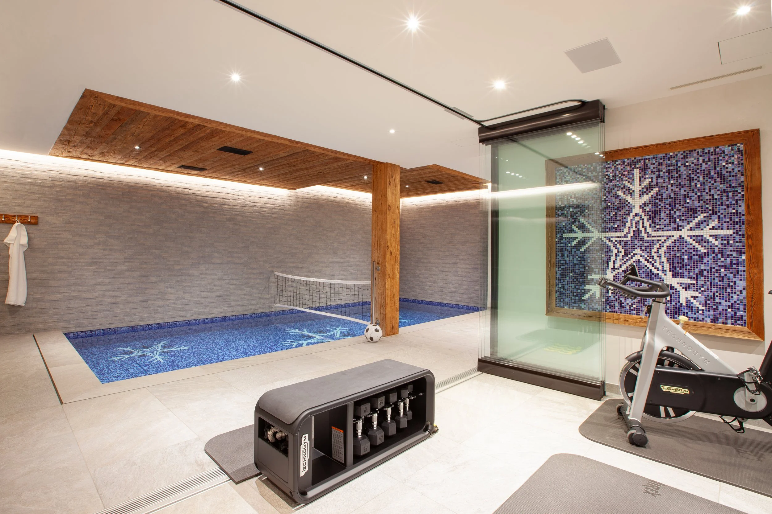 Technogym weight rack and Technogym exercise bike, with pool, Chalet la Vigne Verbier luxury ski chalet Switzerland