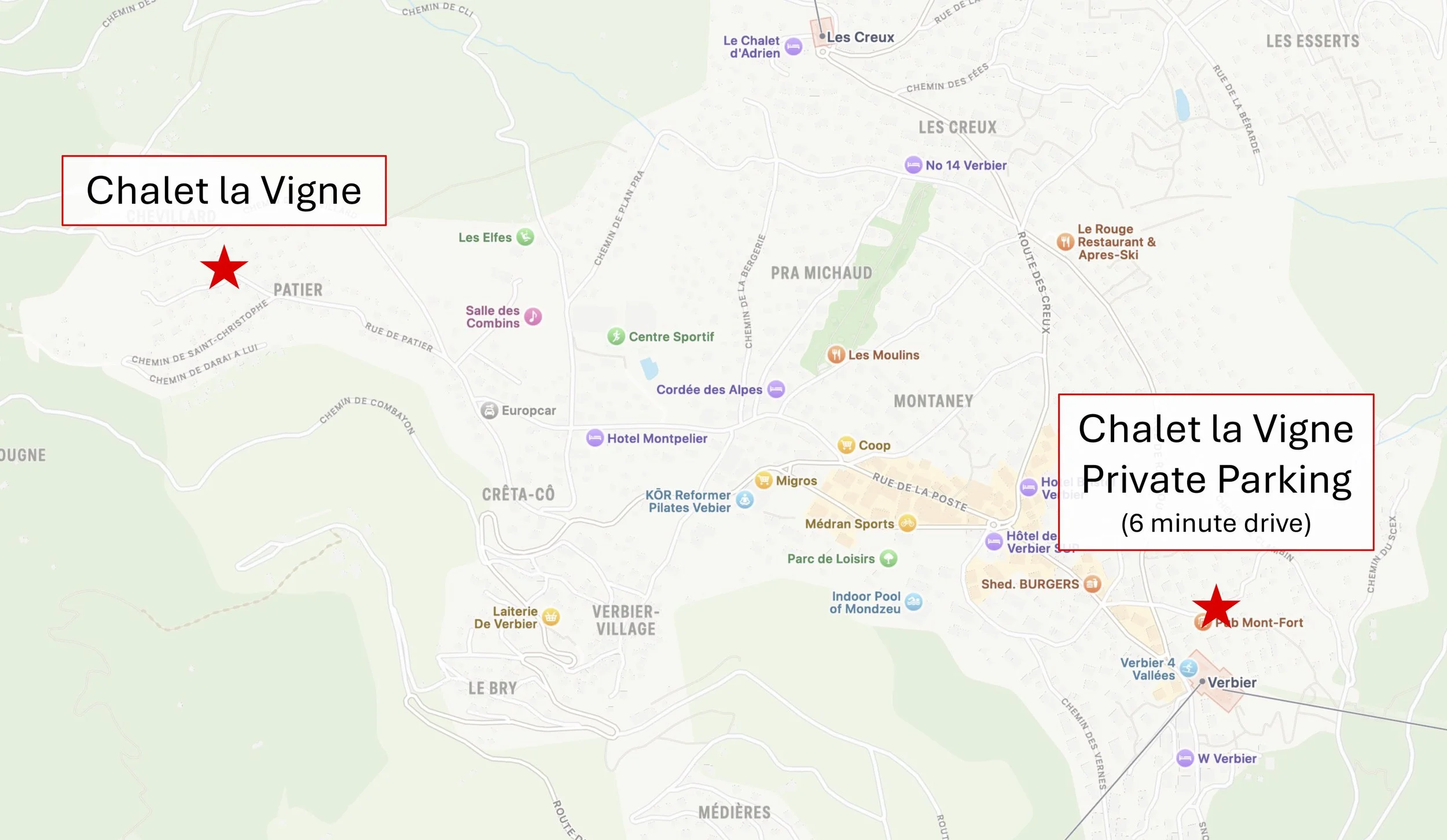 Map showing Chalet la Vigne location in Patier and private parking at Médran, Verbier Switzerland