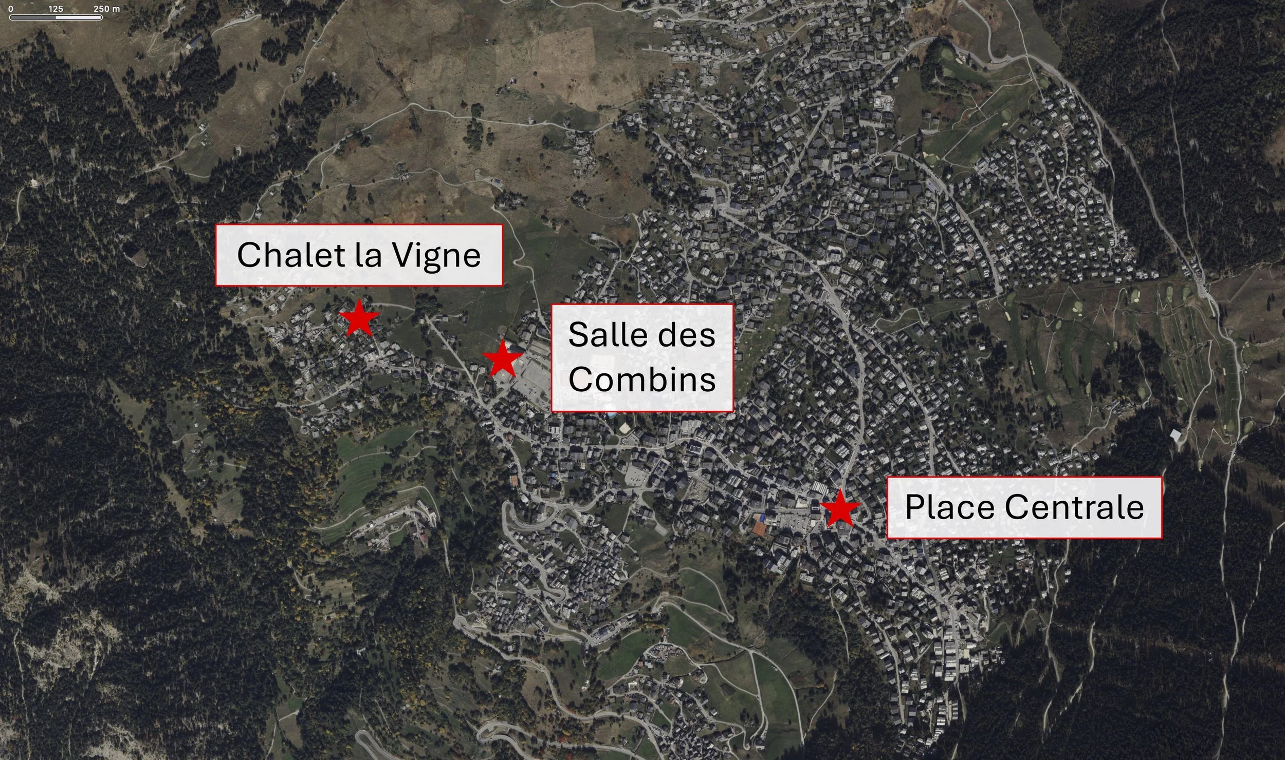 Satellite map showing Chalet la Vigne Verbier within walking distance of the Salle des Combins, venue for the Verbier Festival