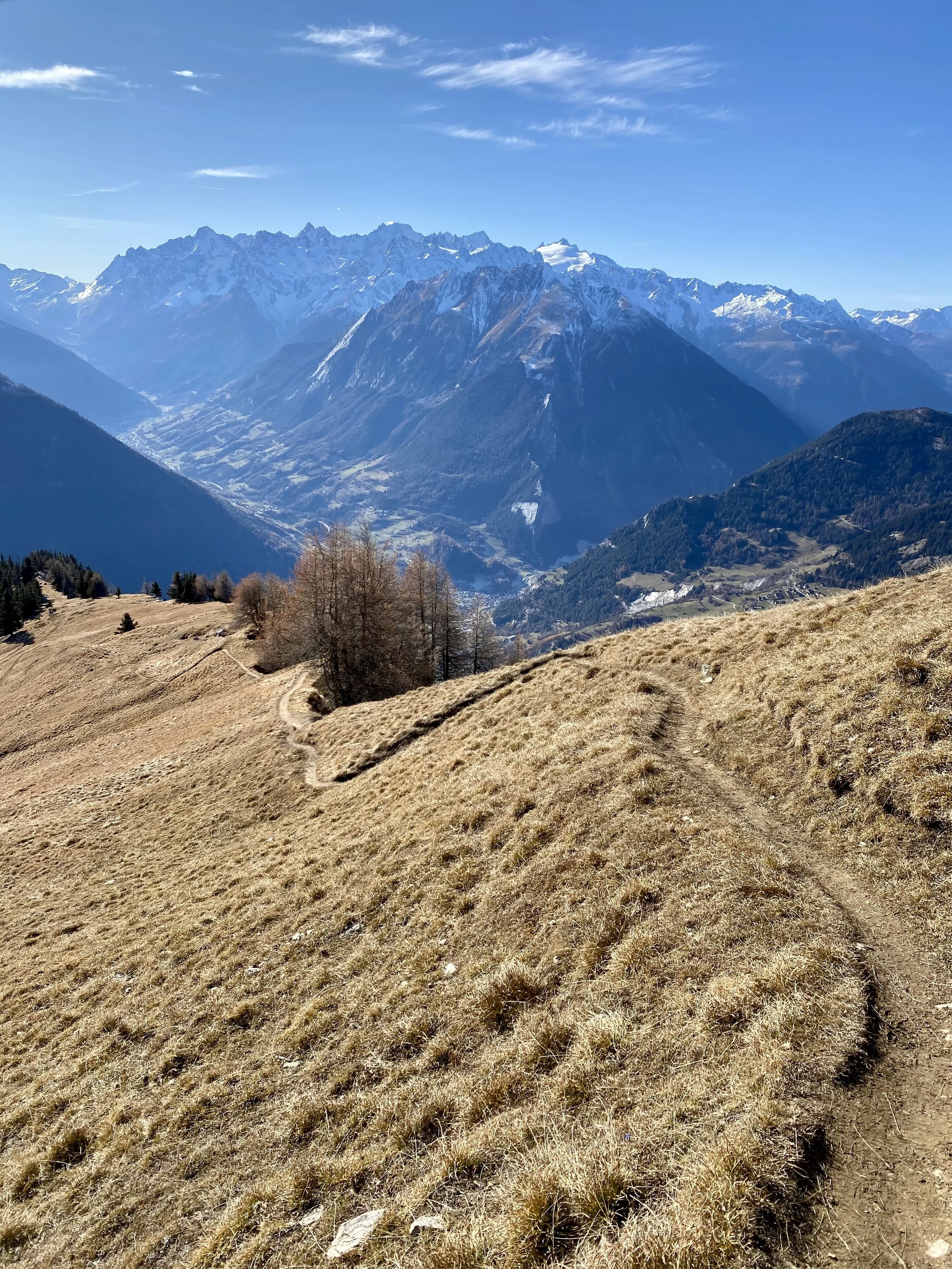 Hiking descent from Pierre Avoi towards Chalet la Vigne in Patier, Verbier Switzerland