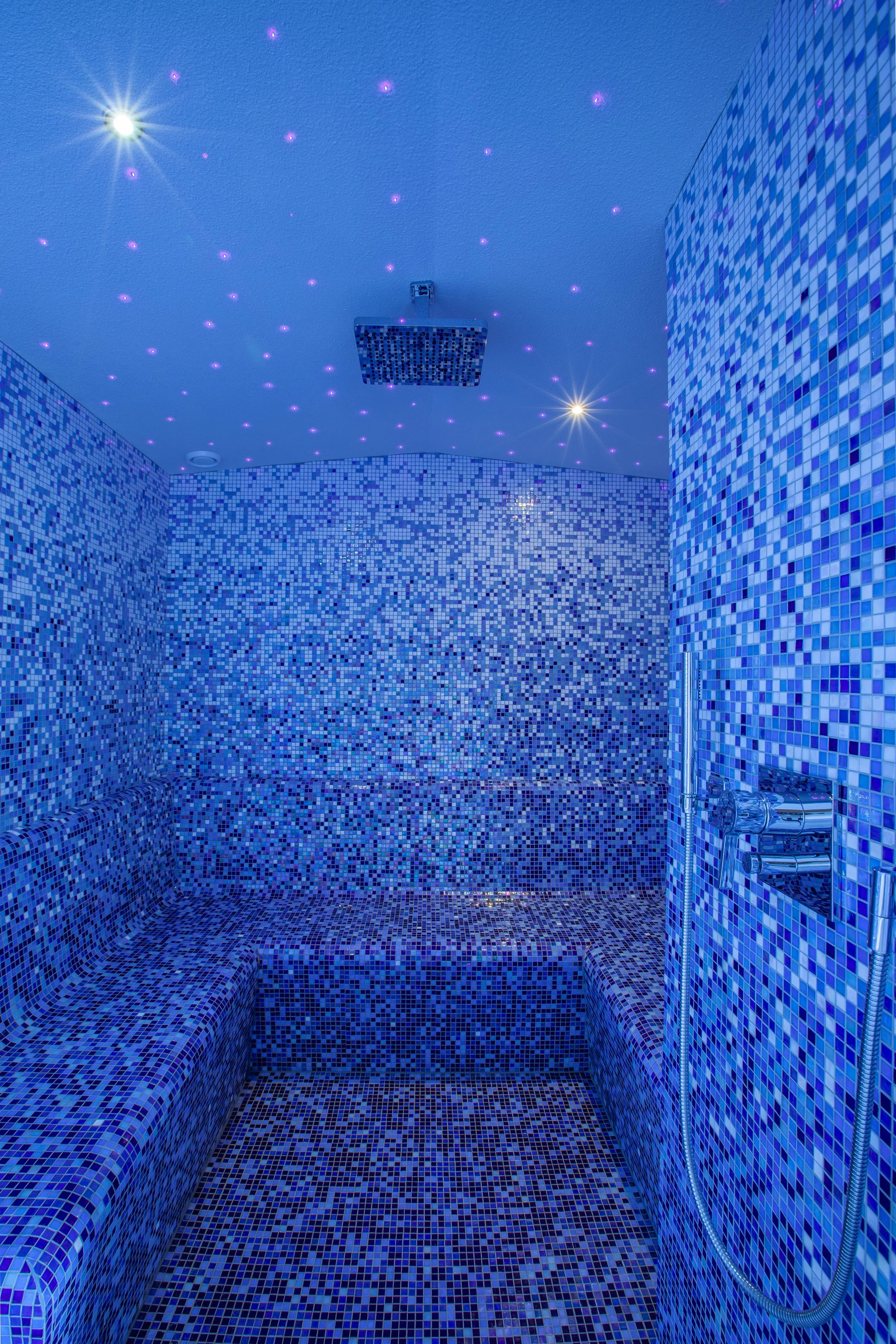 Hammam steam room with Sicis gradient mosaic tiles and Dornbracht fixtures, Chalet la Vigne Verbier luxury ski chalet Switzerland