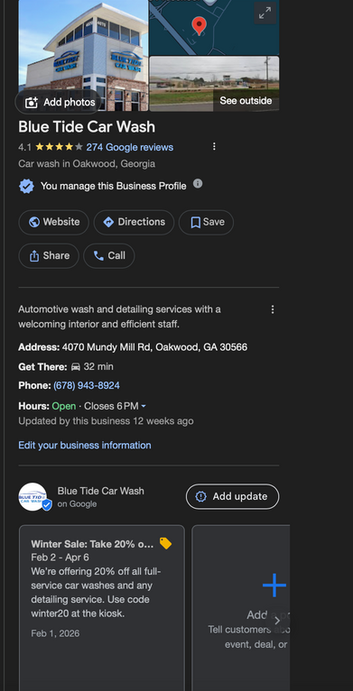 Google business profile for Blue Tide Car Wash, located at 4070 Mundy Mill Rd, Oakwood, Georgia, showing reviews, contact information, hours, and current winter sale promotion.