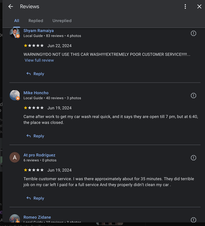 Screenshot of online reviews for a car wash service, including reviews from four different customers with ratings, dates, and comments about their experiences.