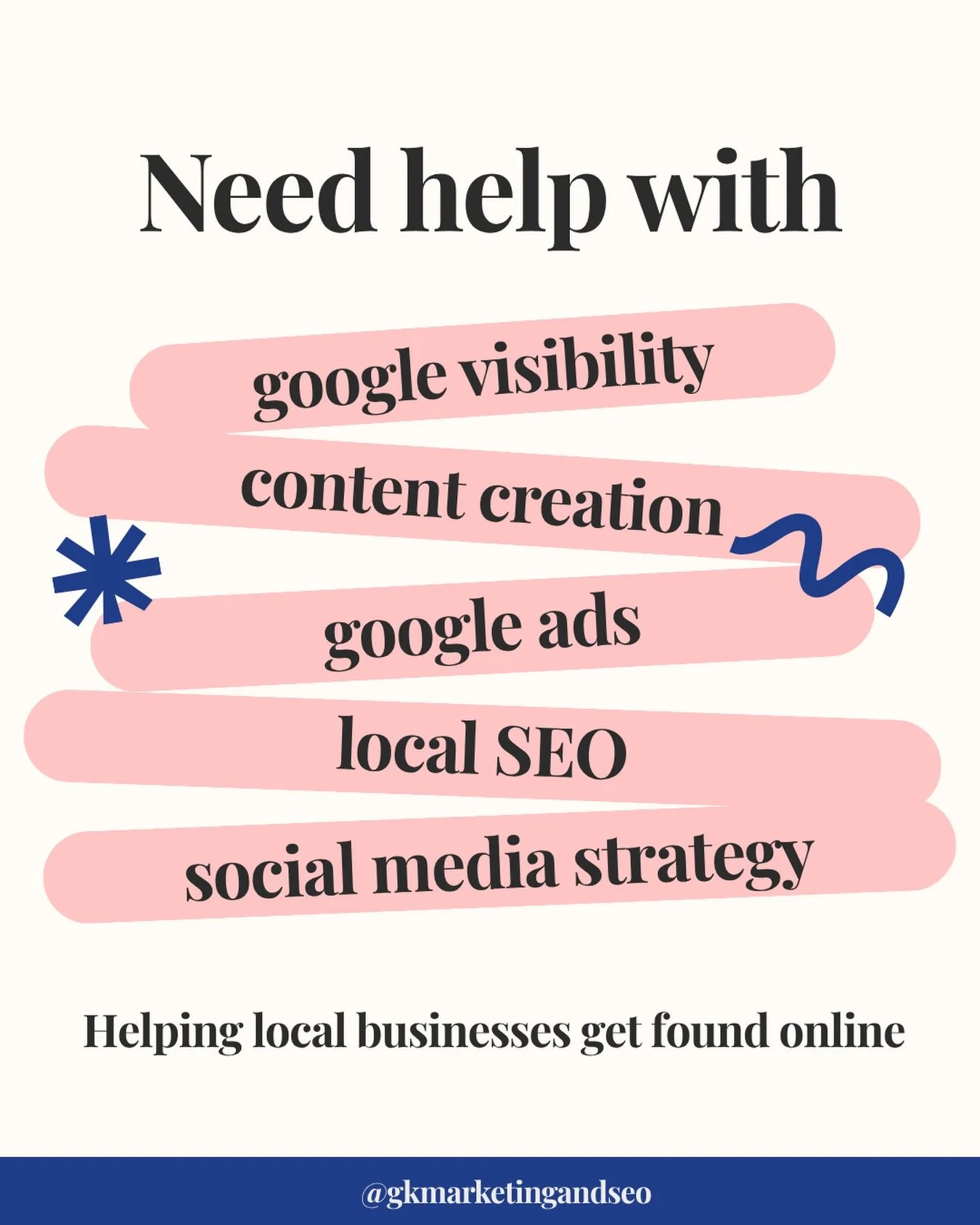 A strong online presence is more than just posting on social media ✨

From Google visibility and local SEO to content creation and strategy, every part of your digital presence plays a role in helping your business get discovered online.

I help loca