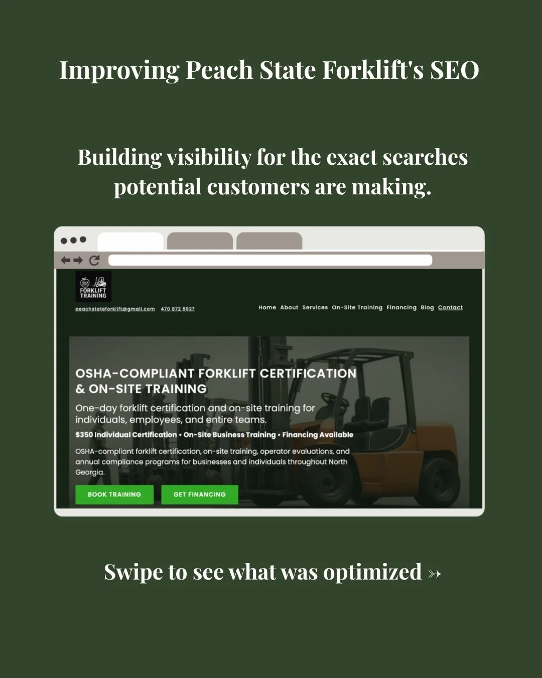 Most businesses have a website.

Not every business has a website that gets found on Google.

For Peach State Forklift Training, we improved local SEO, created service-specific pages, optimized keyword targeting, and strengthened their website struct