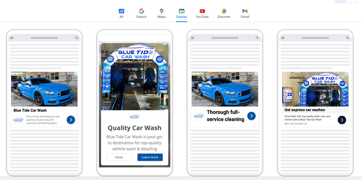 Screenshots of a mobile website for Blue Tide Car Wash, showing a blue sports car, a car wash station, and details about car wash services.