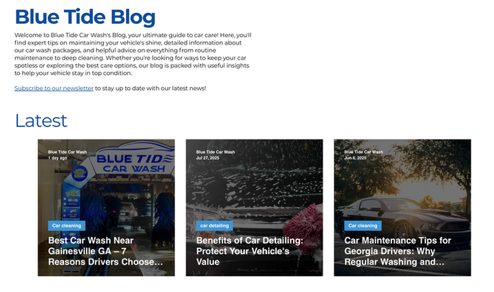 Screenshot of the Blue Tide Blog homepage with a welcome message and three latest blog post previews about car wash tips, benefits of detailing, and car maintenance for Georgia drivers.