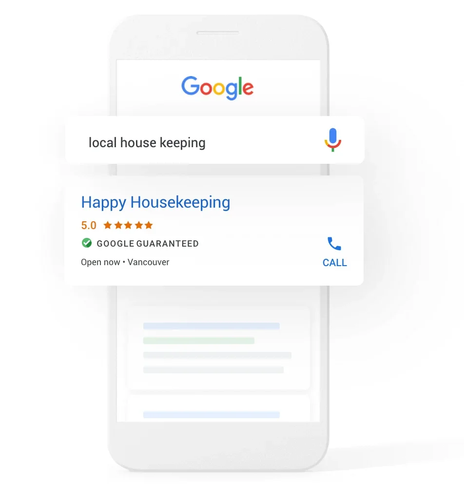 A smartphone showing a Google search result for 'local house keeping,' highlighting a business called 'Happy Housekeeping' with a 5-star rating, open now in Vancouver, with options to call.