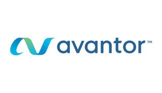 Avantor logo with stylized 'a' and 'v' in green and blue, and the company name in blue.