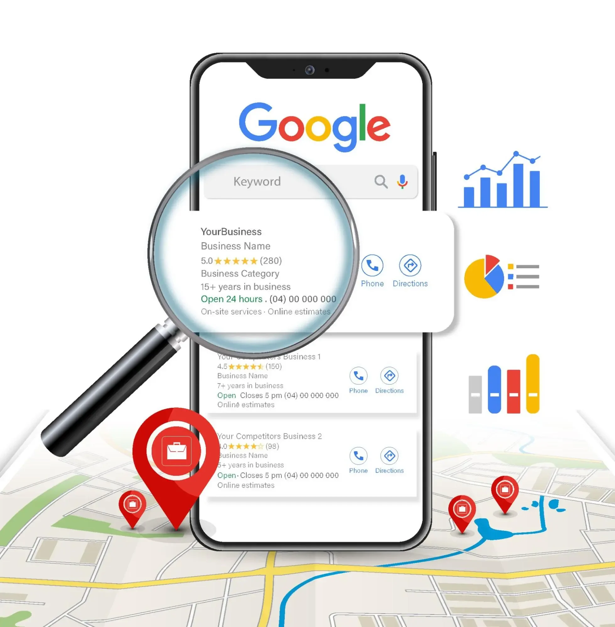 Digital map with a smartphone displaying a business search, magnifying glass over business details, multiple location pins, and graphs indicating data on a printed map.