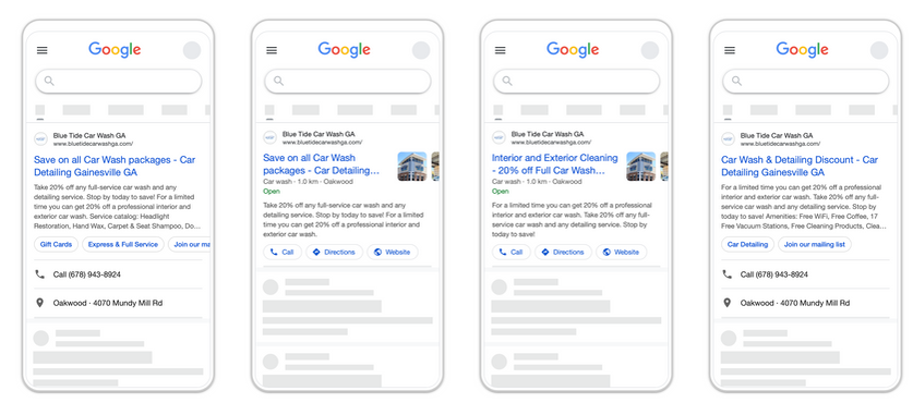 The image shows four screenshots of a Google search results page on mobile, with different results for car wash services in Gainesville, GA, including advertisements and business details.
