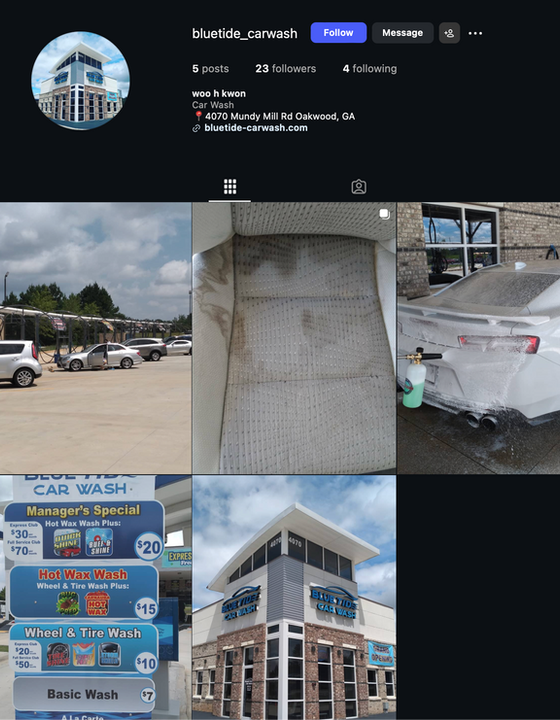 Instagram profile of Bluetide Car Wash featuring photos of the car wash facility, a dirty car interior, a washed car with soap suds, and a price list for different car wash services.