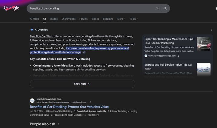 Screenshot of a Google search results page with the query 'benefits of car detailing'. The top result is a featured snippet explaining the benefits of Blue Tide Car Wash, including comprehensive detailing, free vacuums, and premium cleaning products, emphasizing protection against paint and interior damage.