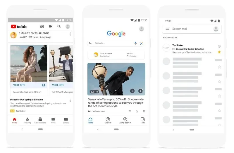 Screenshots of a smartphone displaying three different email and browsing apps, including YouTube, Google search, and email inbox with promotional messages.