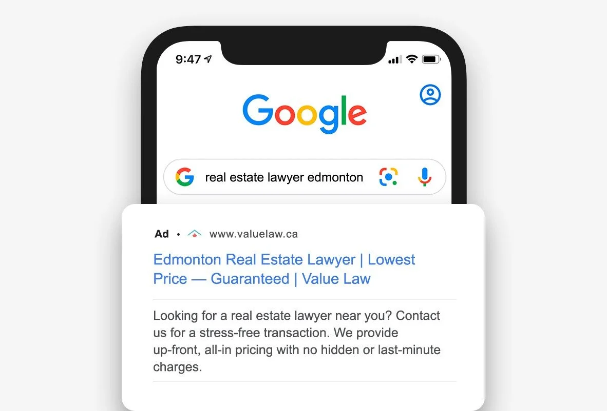 Smartphone screen displaying a Google search for 'real estate lawyer edmonton' with a sponsored ad for a law firm called Value Law about real estate legal services in Edmonton.
