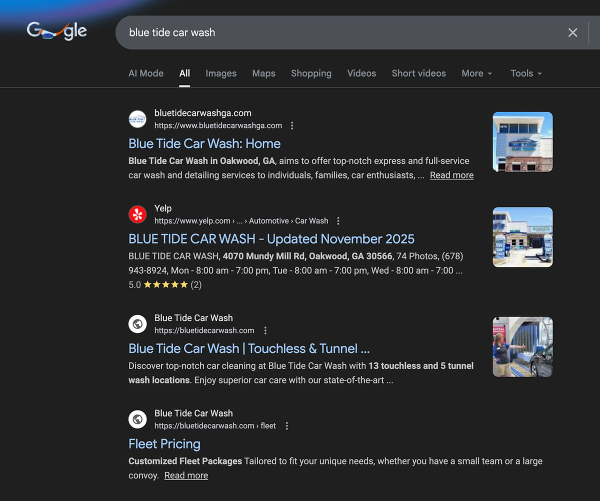 Screenshot of search results for 'blue tide car wash' showing multiple listings, including Blue Tide Car Wash in Oakwood, GA, with images of the car wash building and related services.